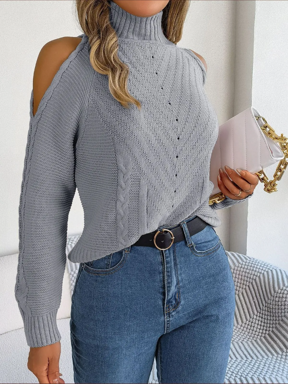 Vogue Vibes Cold-Shoulder Turtleneck Sweater  Castello Clothing Line   