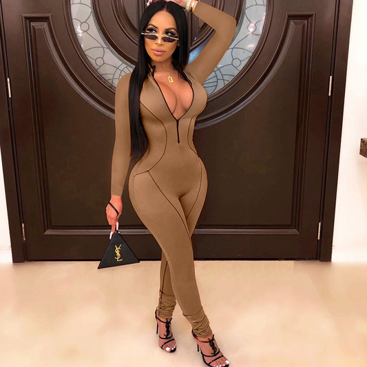Milan Long Sleeve Zip Front Bodycon Jumpsuit women jumpsuits Castello Clothing Line