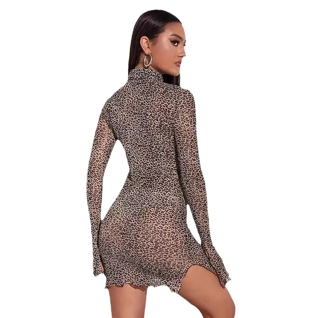 Roxie Leopard Print Sheer Long Sleeve Mini Dress Castello Clothing Line