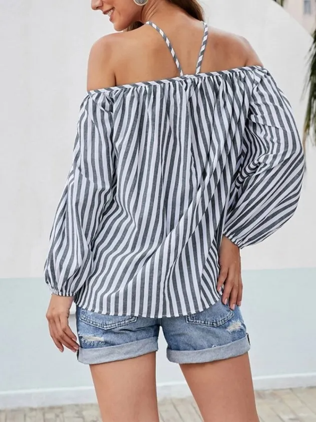 Barely Basic Striped Halter Off-Shoulder Balloon Sleeve Top Castello Clothing Line