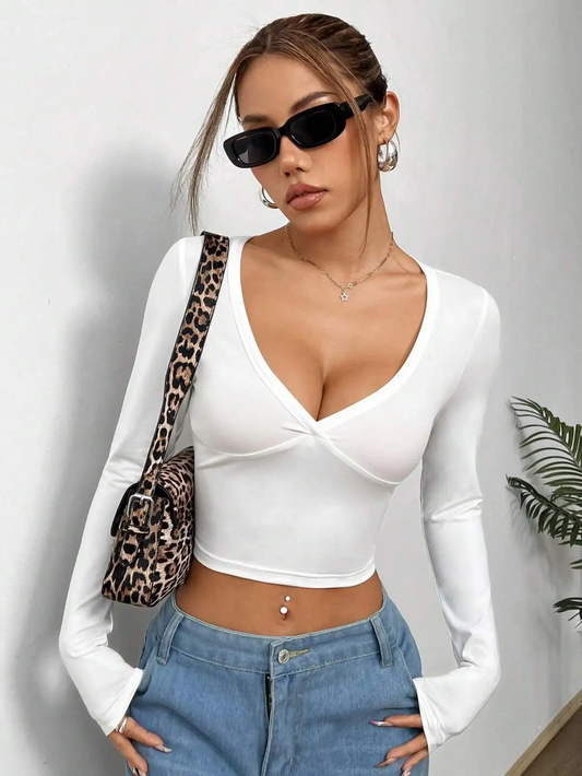 Plunge Into It V-Neck Long Sleeve Crop Top  Castello Clothing Line   