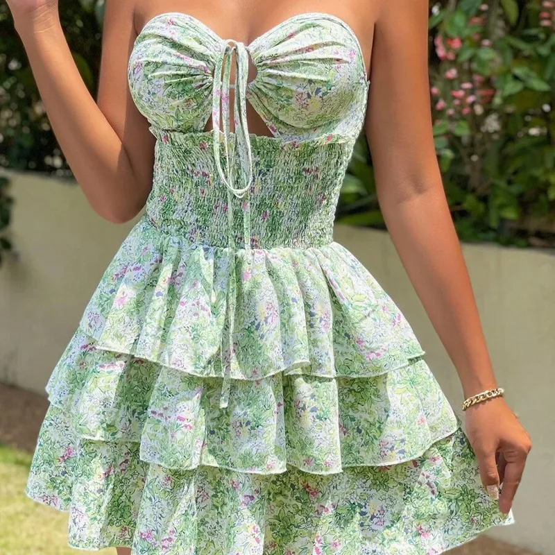 Carmen Smocked Floral Halter Neck Tiered Mini Dress mini dress Castello Clothing Line