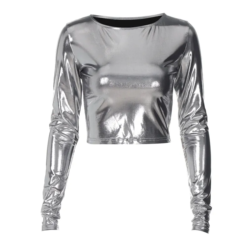 Shimmer All Night Metallic Long Sleeve Crop Top  Castello Clothing Line   