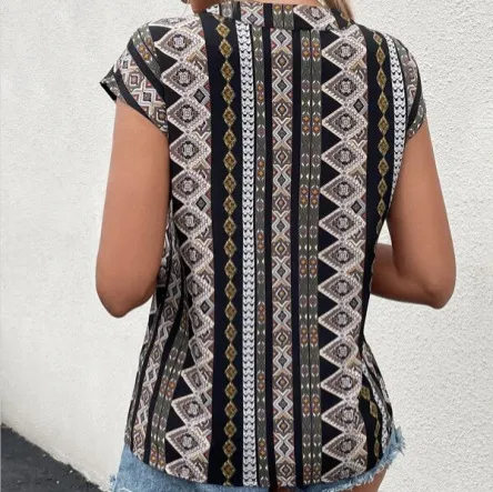 Tribal Threads V-Neck Cap Sleeve Printed Blouse Castello Clothing Line