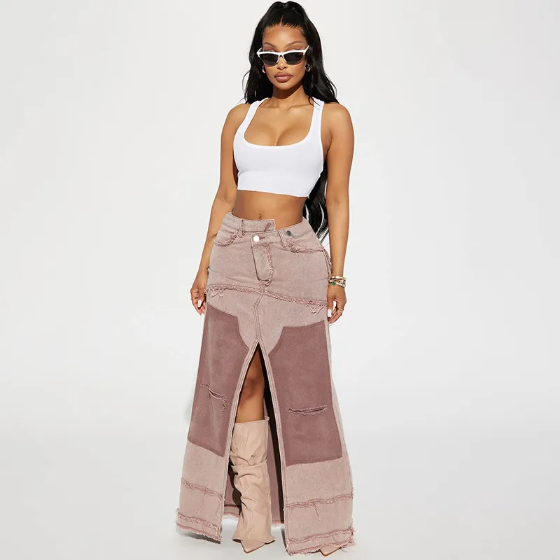 Utility Queen Slit Pocket Denim Maxi Skirt  Castello Clothing Line   