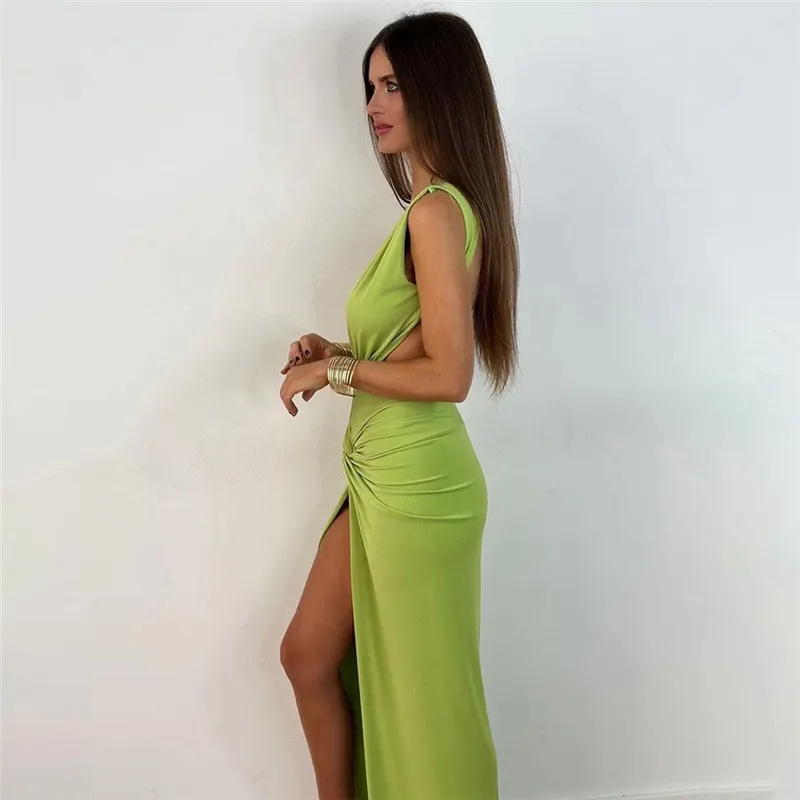 Elysia Plunge Neck Ruched Open Back Slit Maxi Dress maxi dress Castello Clothing Line