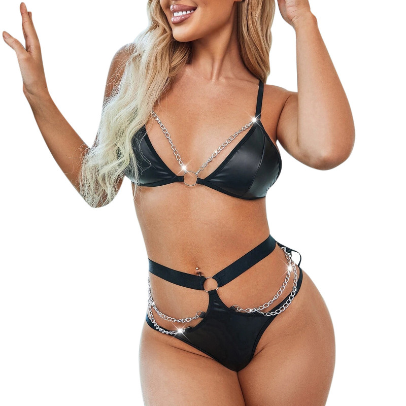 Faux Leather Chain Lingerie Set  Castello Clothing Line   