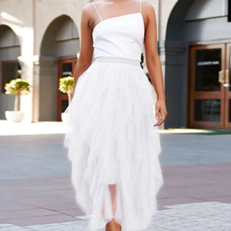 High Waist Maxi Skirt with Layered Mesh Lace  Castello Clothing Line   