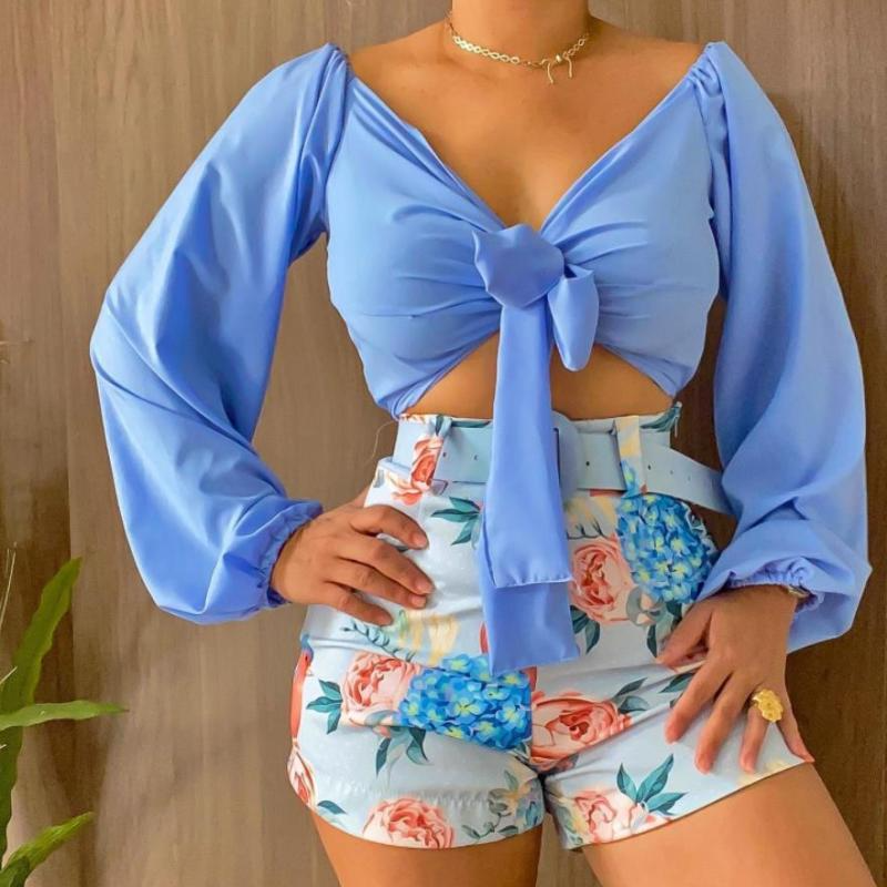 Lush Tie-Front Puff Sleeve Top & Floral High-Waist Shorts Set  Castello Clothing Line   