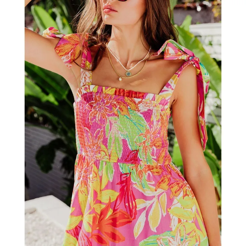 Anya Smocked Tie-Strap Tiered Flare Maxi Dress maxi dress Castello Clothing Line