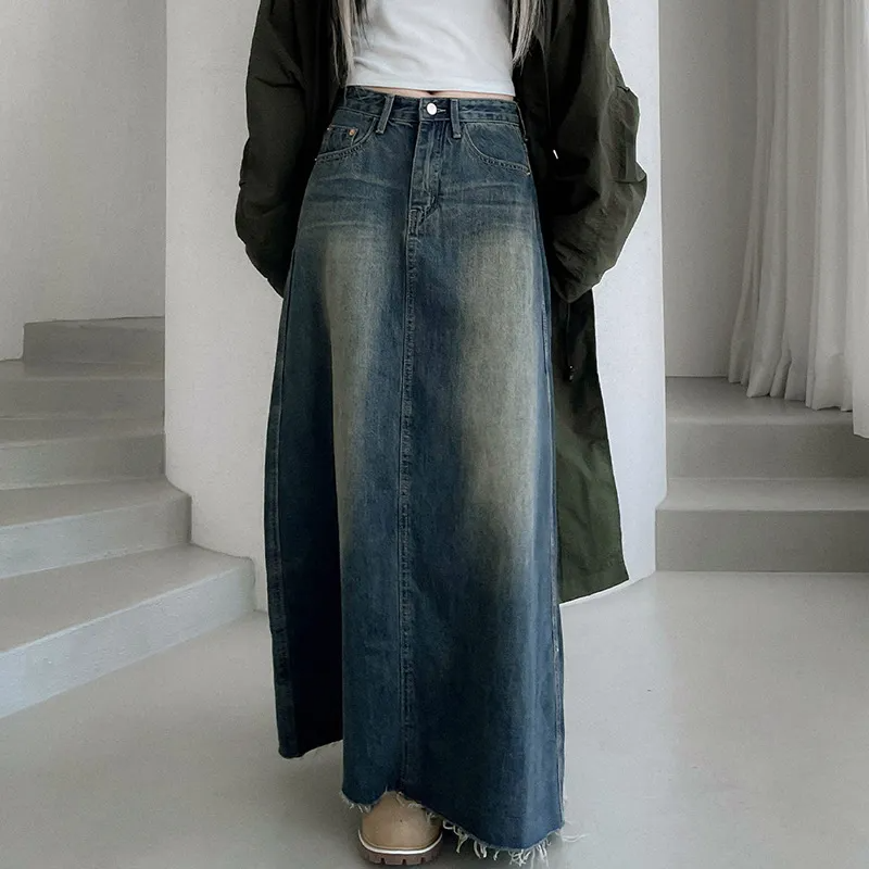 Vintage Vibe Frayed Hem Maxi Denim Skirt  Castello Clothing Line   