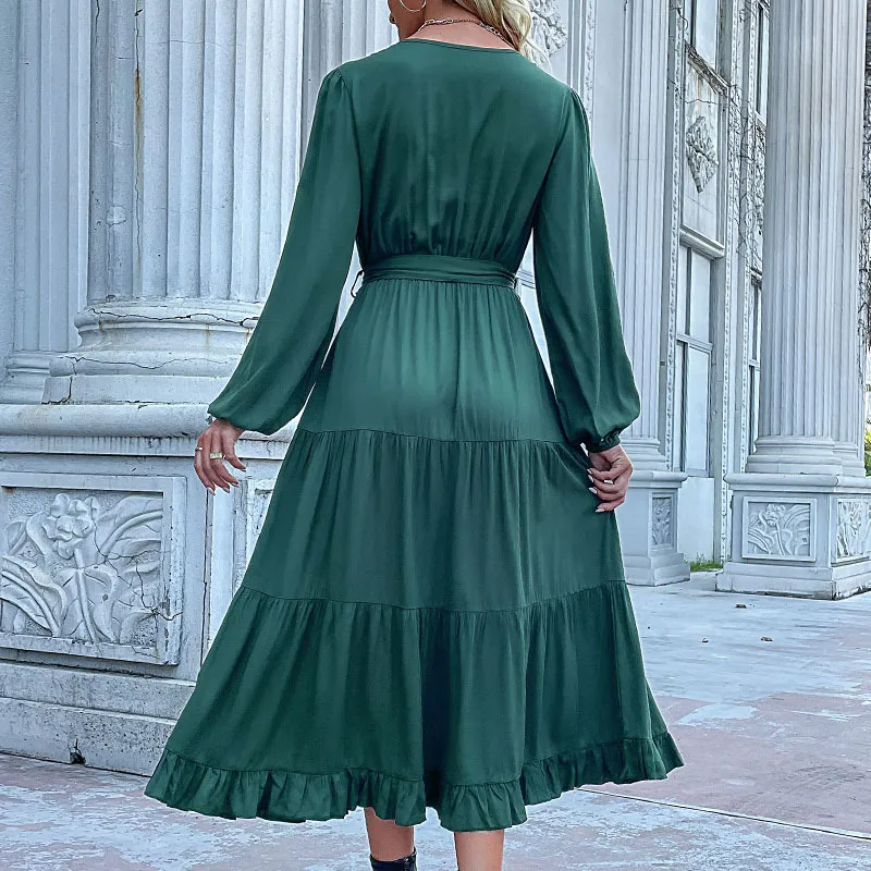 Eliza Button-Down Belted Long Sleeve Tiered Midi Dress midi dress Castello Clothing Line