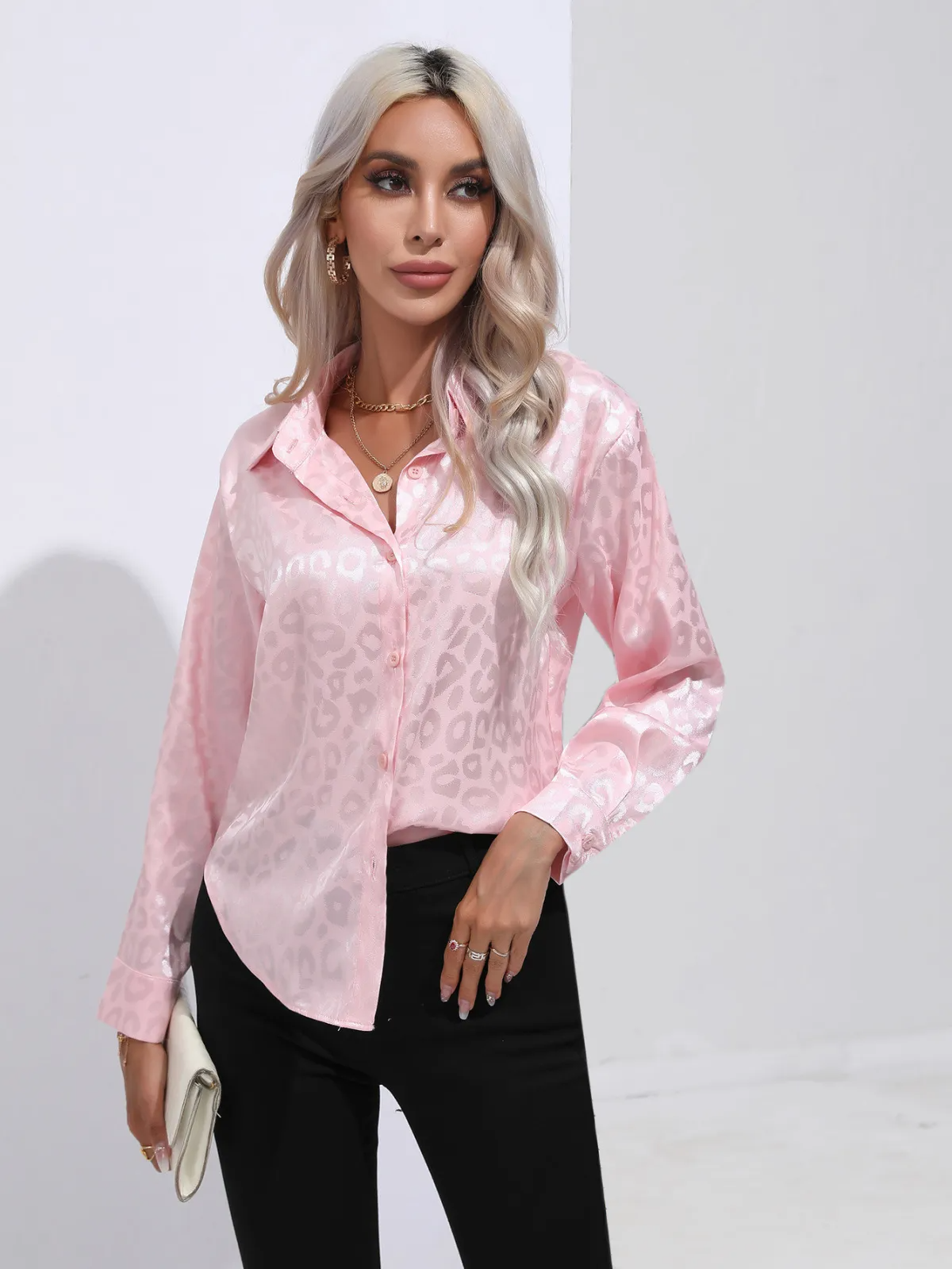 Savvy Spots Satin Button-Up Blouse  Castello Clothing Line   