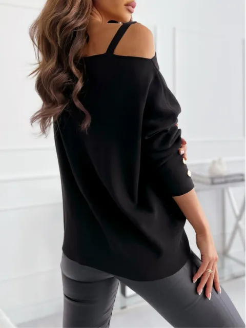 Breakthrough Off-Shoulder Buckle Detail Long Sleeve Blouse Castello Clothing Line