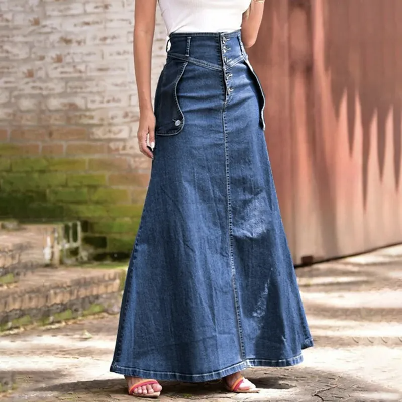 Buttoned Belle Flared Denim Maxi Skirt  Castello Clothing Line   