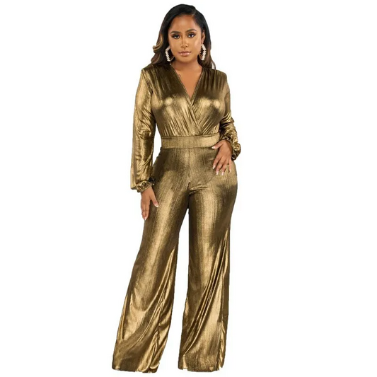 Charlotte Long Sleeve Metallic Wrap Wide Leg Jumpsuit women jumpsuits Castello Clothing Line