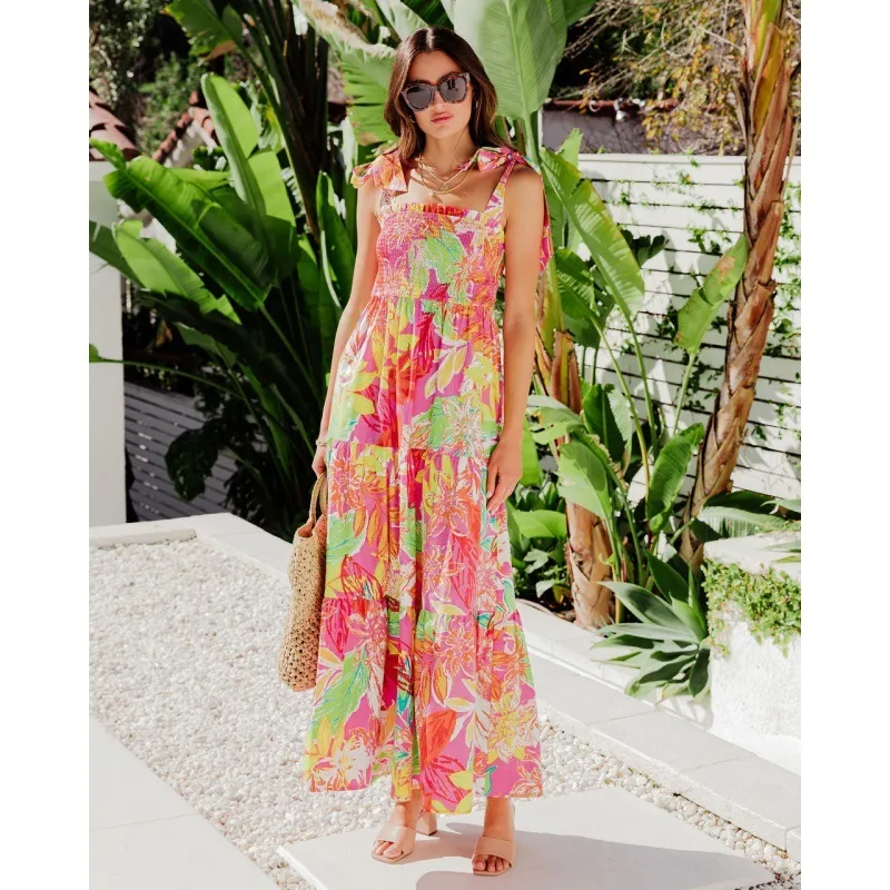 Anya Smocked Tie-Strap Tiered Flare Maxi Dress maxi dress Castello Clothing Line