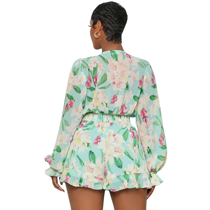 Spring Bloom Floral V-Neck Long-Sleeve Ruffle Romper  Castello Clothing Line   