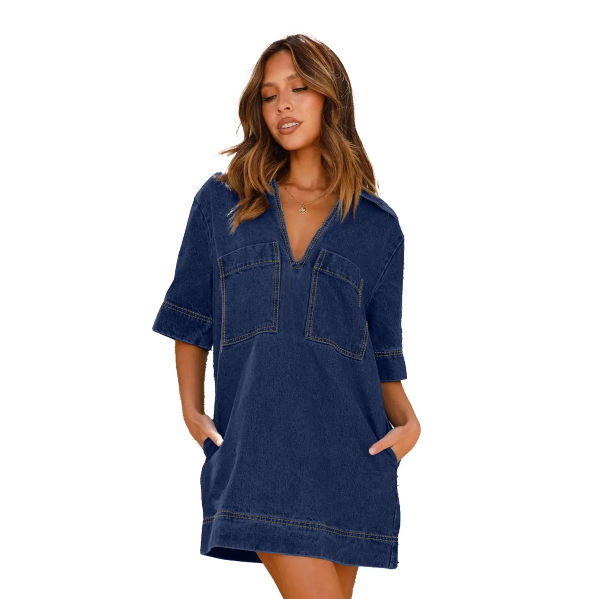 Chloe Denim V-Neck Short Sleeve Mini Dress Castello Clothing Line
