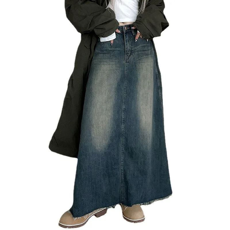 Vintage Vibe Frayed Hem Maxi Denim Skirt  Castello Clothing Line   