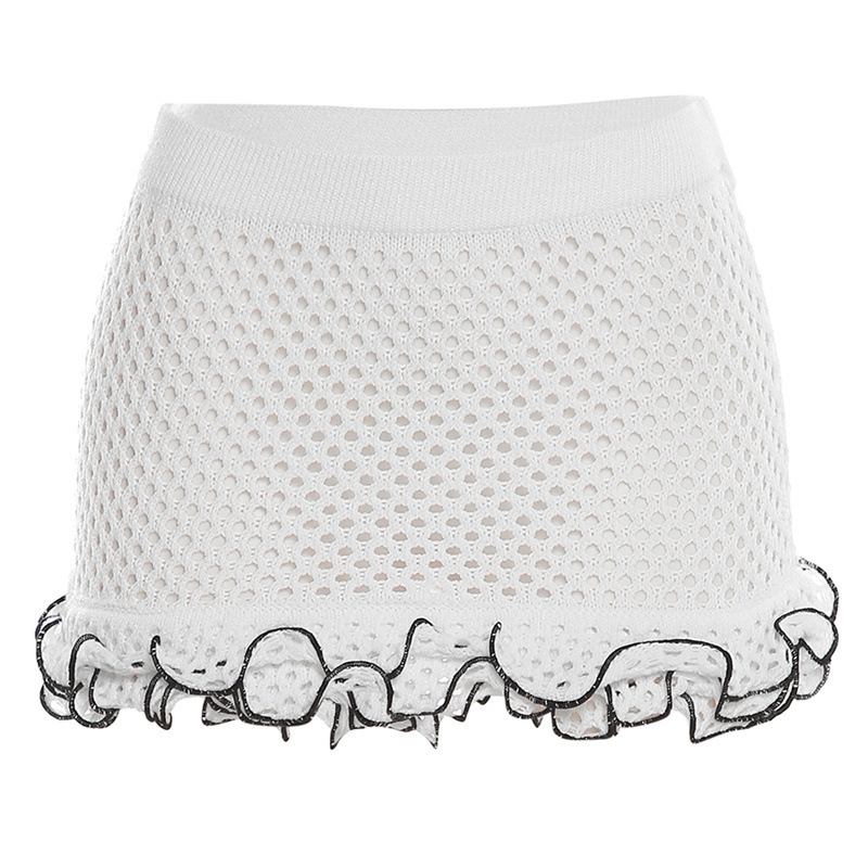 Knitted Ruffle Mini Skirt with Thick Waist Band - Polyester/Spandex  Castello Clothing Line   