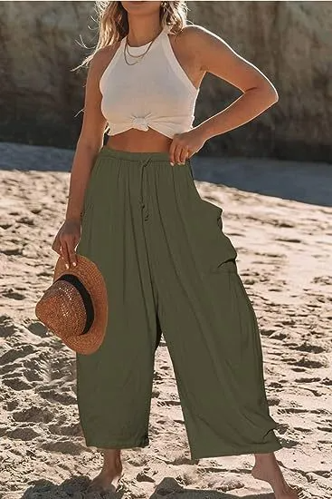Sage High-Waisted Drawstring Cropped Wide Leg Pants wide leg pants Castello Clothing Line