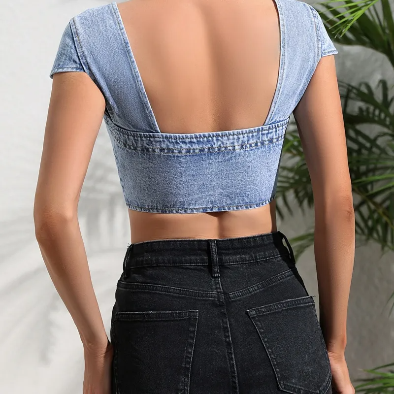 Vixen Button-Up Denim Corset Crop Top Castello Clothing Line