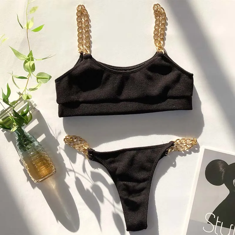 Chain-Detailed Cropped Bikini Set with High Leg  Castello Clothing Line   