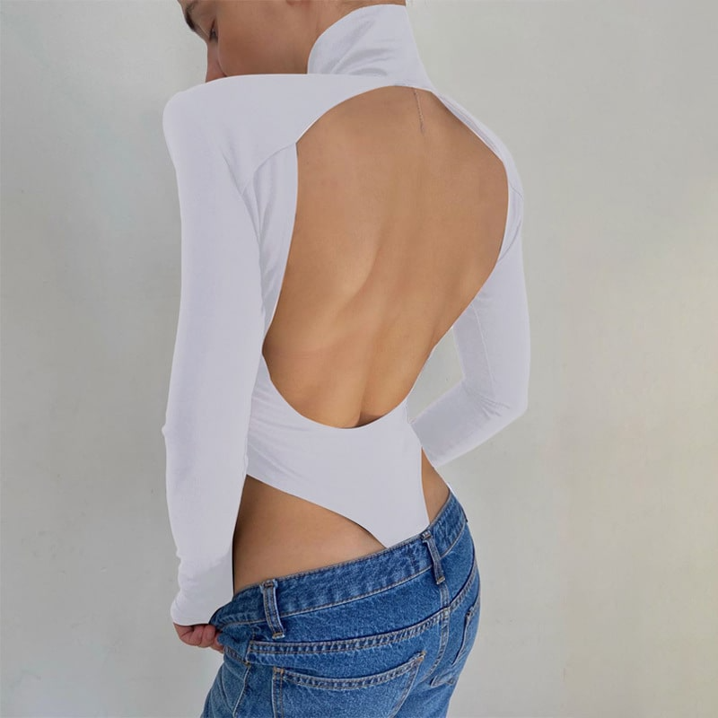 Bold Elegance High Neck Open Back Bodysuit  Castello Clothing Line   