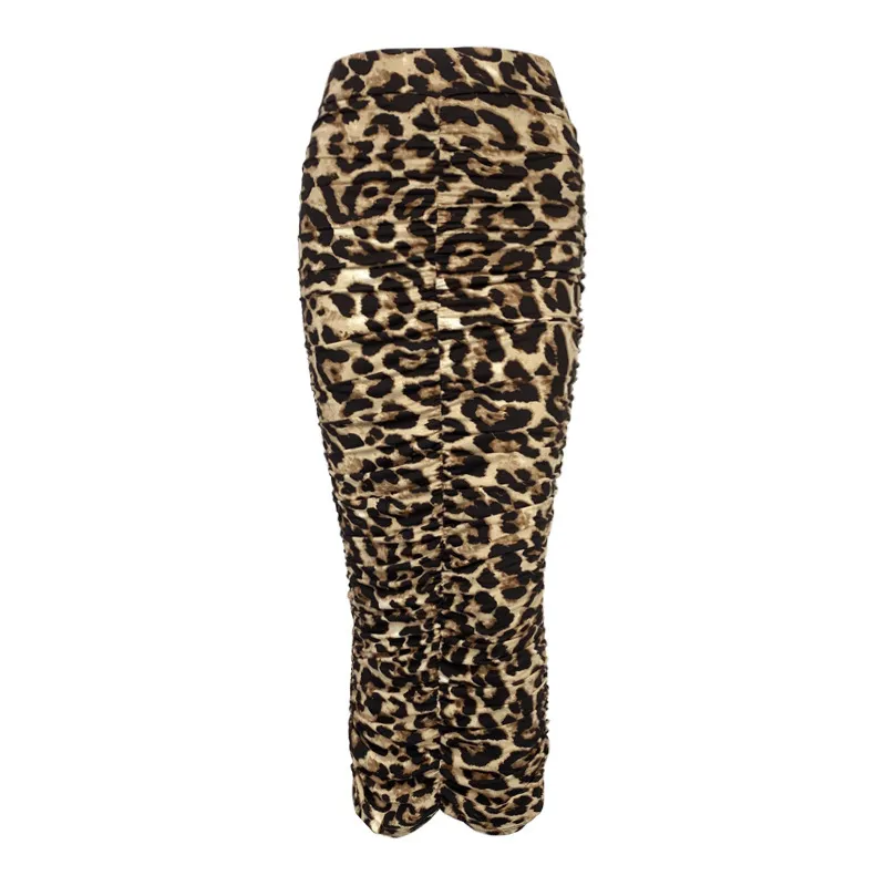 Leopard Print Ruched High Waist Skirt with Back Slit - Polyester/Spandex Blend  Castello Clothing Line   