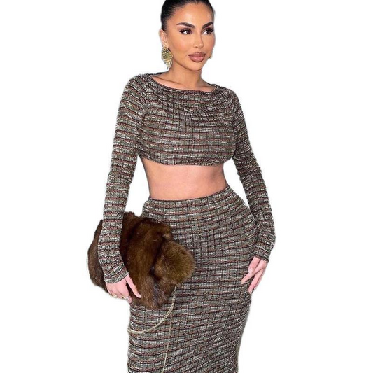Long Sleeve Backless Crop Top & Elegant Back-Slit Skirt Set  Castello Clothing Line   
