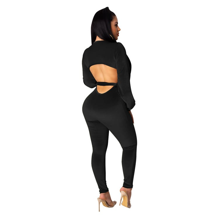 Kora Long Sleeve Plunge Velvet Cutout Bodycon Jumpsuit women jumpsuits Castello Clothing Line