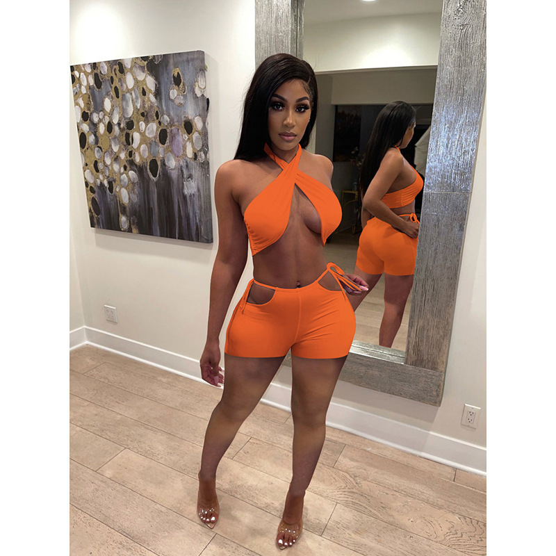 Vixen Crisscross Halter Cutout Tie Waist Shorts Set  Castello Clothing Line   