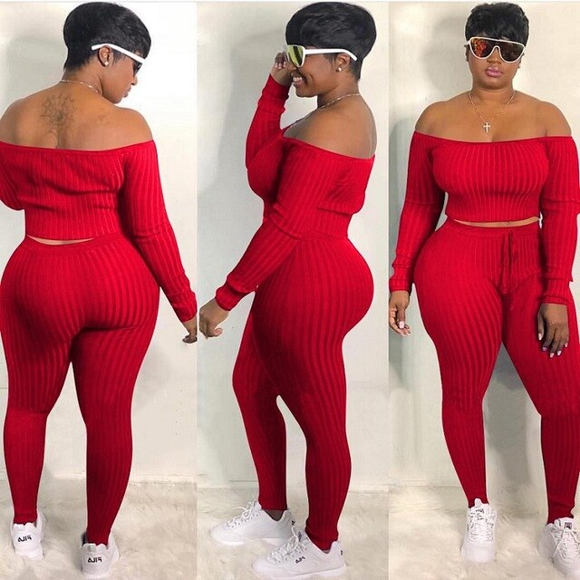 Plus Size Off Shoulder Pants Set - Long Sleeves, Slim Fit, Drawstring Waist - Cotton/Fiber Blend  Castello Clothing Line   