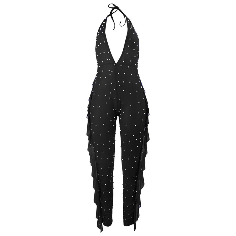 Tiffany Sheer Pearl Embellished Backless Halter Jumpsuit bodycon jumpsuit Castello Clothing Line