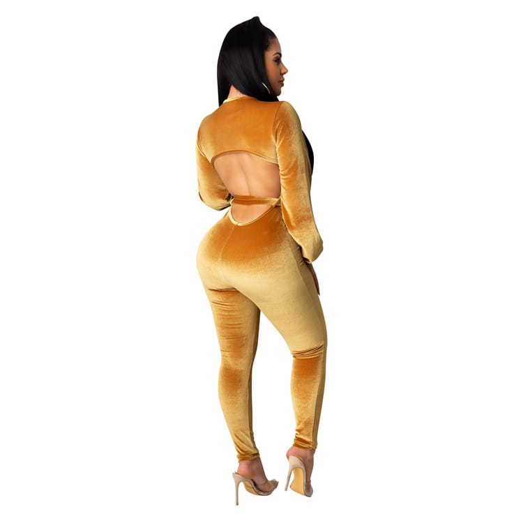 Kora Long Sleeve Plunge Velvet Cutout Bodycon Jumpsuit women jumpsuits Castello Clothing Line
