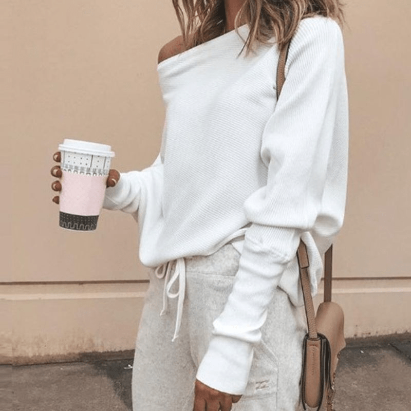 Chill Mode Off-Shoulder Knit Pullover Sweater  Castello Clothing Line   