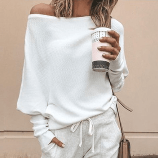 Chill Mode Off-Shoulder Knit Pullover Sweater  Castello Clothing Line   