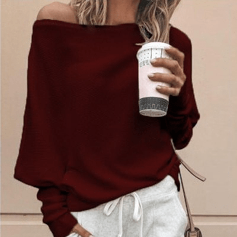 Chill Mode Off-Shoulder Knit Pullover Sweater  Castello Clothing Line   