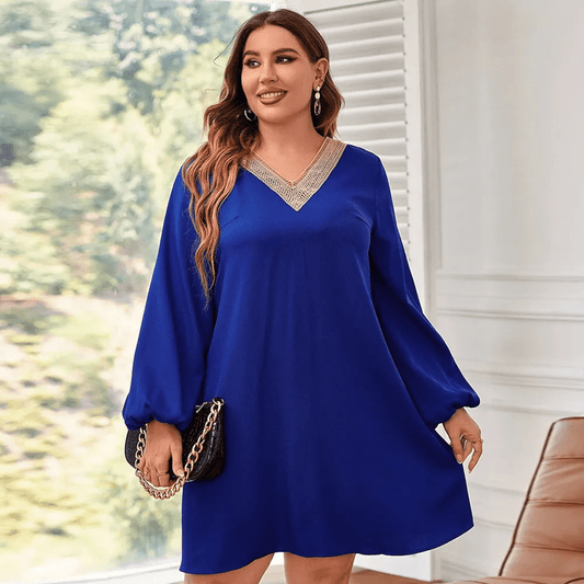 Amara V-Neck Embellished Plus Size Long Sleeve Mini Dress Castello Clothing Line