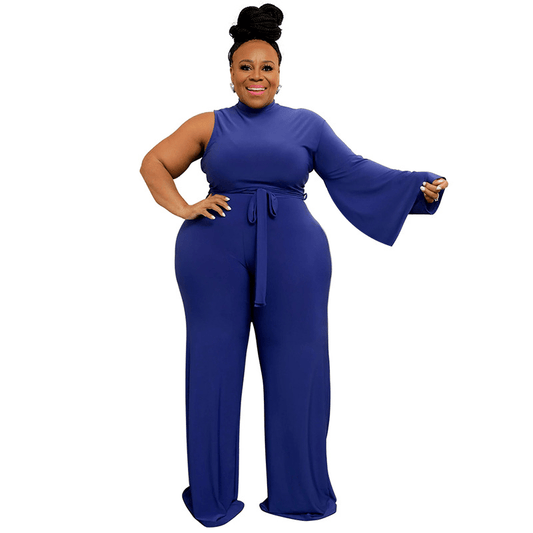 Rylee Plus Size One-Sleeve High Neck Belted Wide-Leg Jumpsuit women jumpsuits Castello Clothing Line