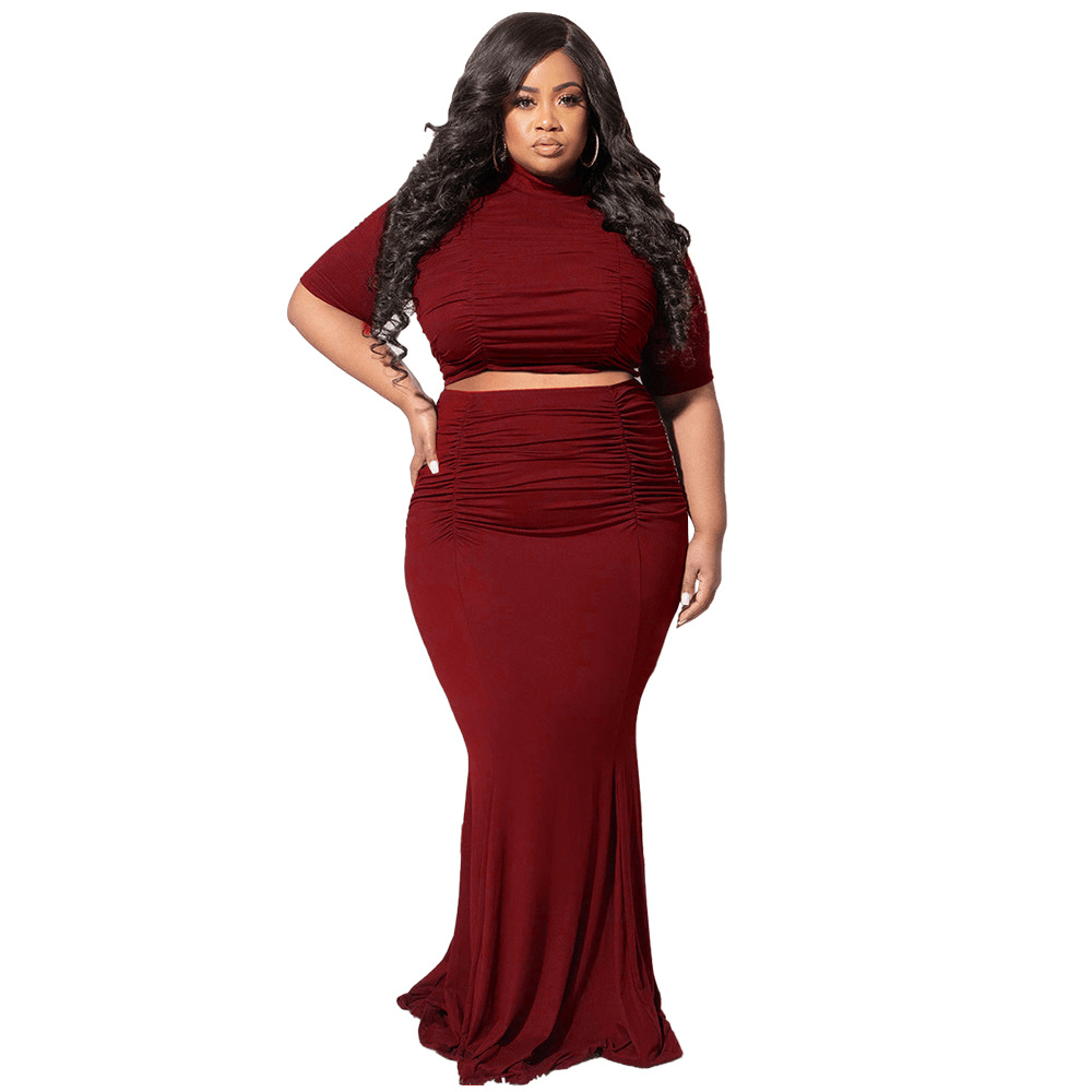 Plus Size 3/4 Sleeve Ruched Top & Fishtail Maxi Skirt Set  Castello Clothing Line   