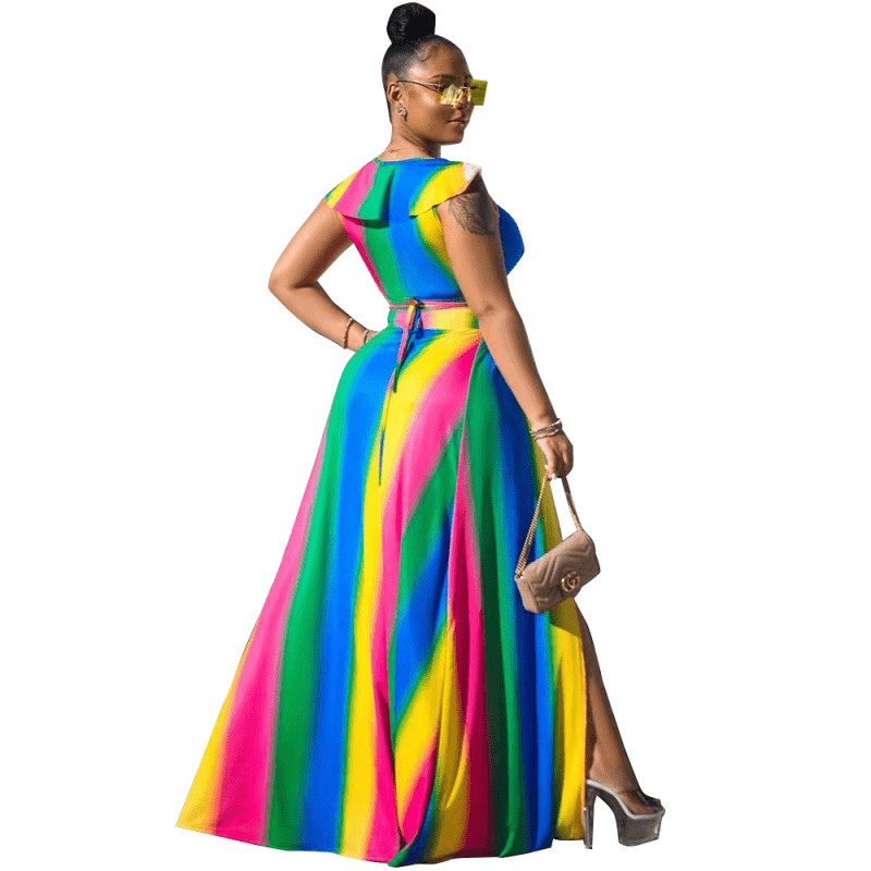 Plus Size Ruffle Wrap Top & Side Slit Maxi Skirt Set  Castello Clothing Line   