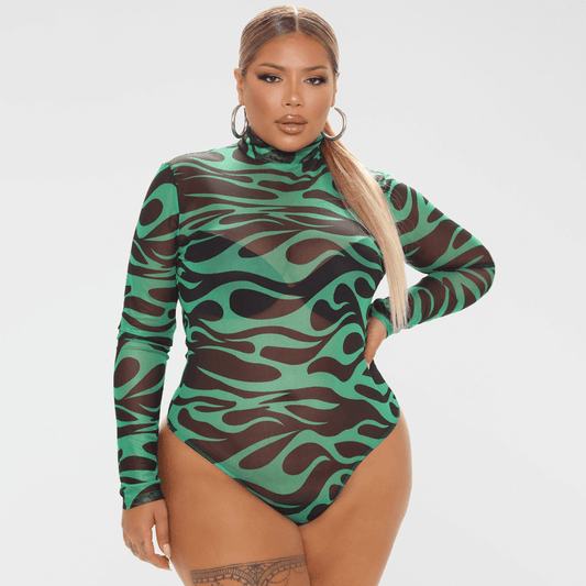 Flame Game Mesh Long Sleeve Turtleneck Bodysuit  Castello Clothing Line   
