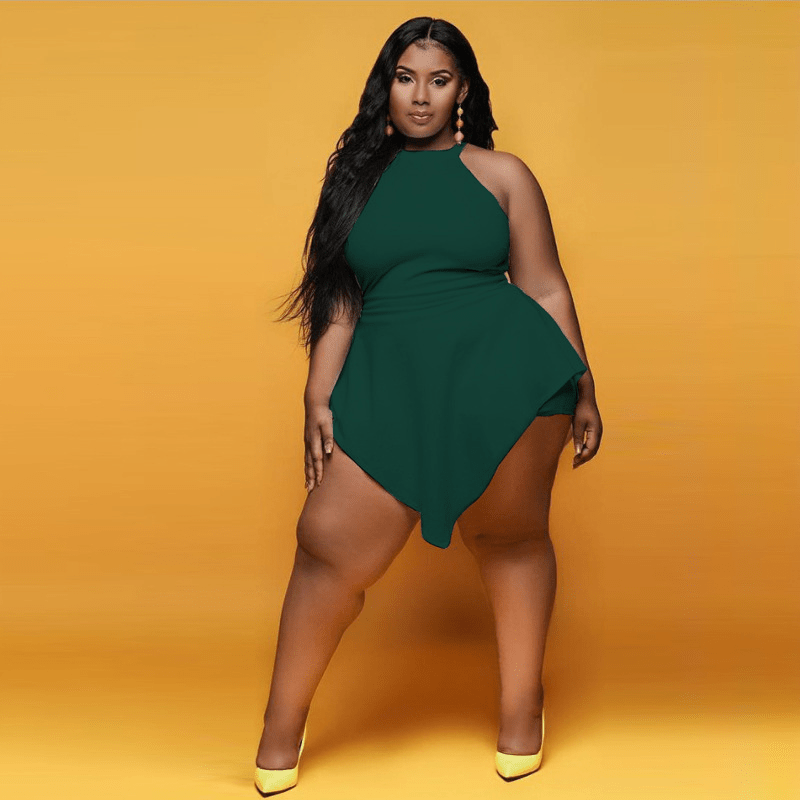 Twirl & Slay High-Neck Peplum Plus-Size Romper  Castello Clothing Line   