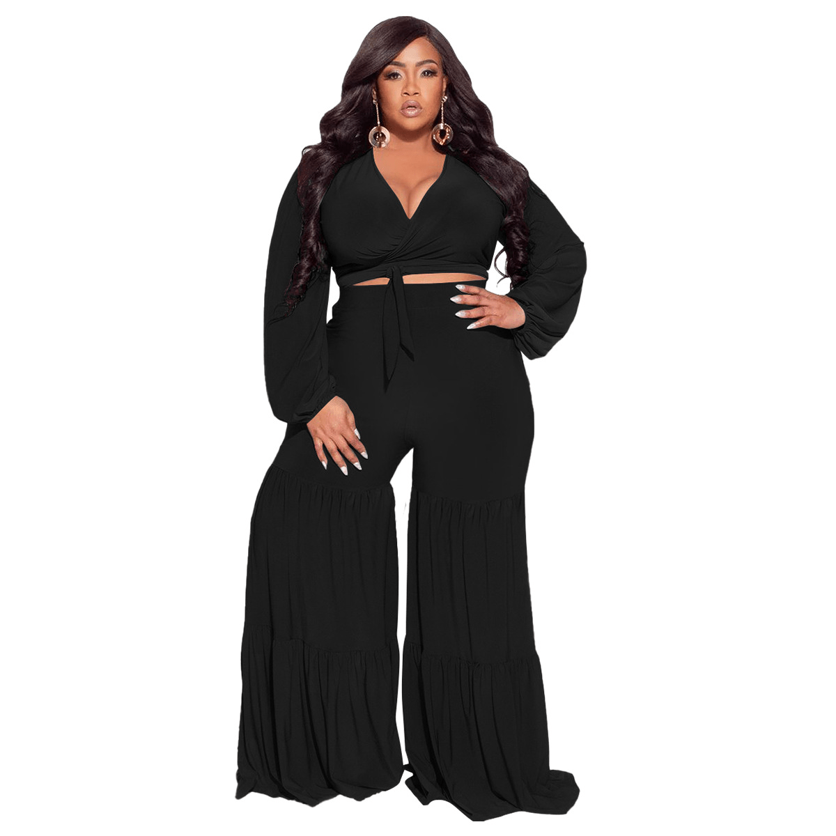 Plus Size V-Neck Wrap Top and High Waist Flare Pants Set  Castello Clothing Line   