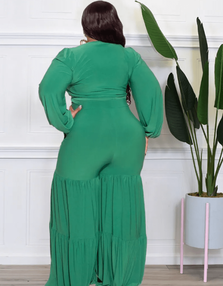 Plus Size V-Neck Wrap Top and High Waist Flare Pants Set  Castello Clothing Line   