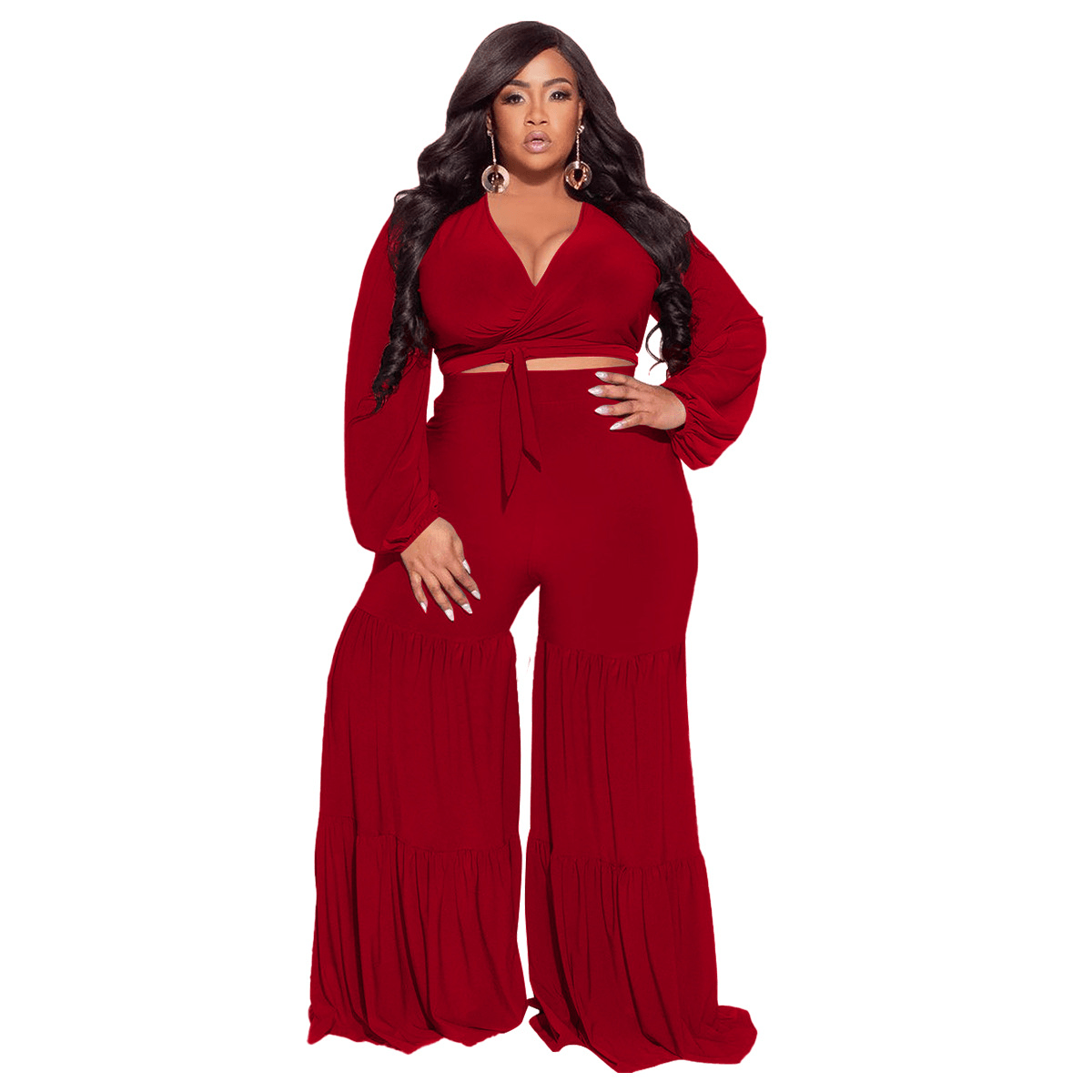 Plus Size V-Neck Wrap Top and High Waist Flare Pants Set  Castello Clothing Line   