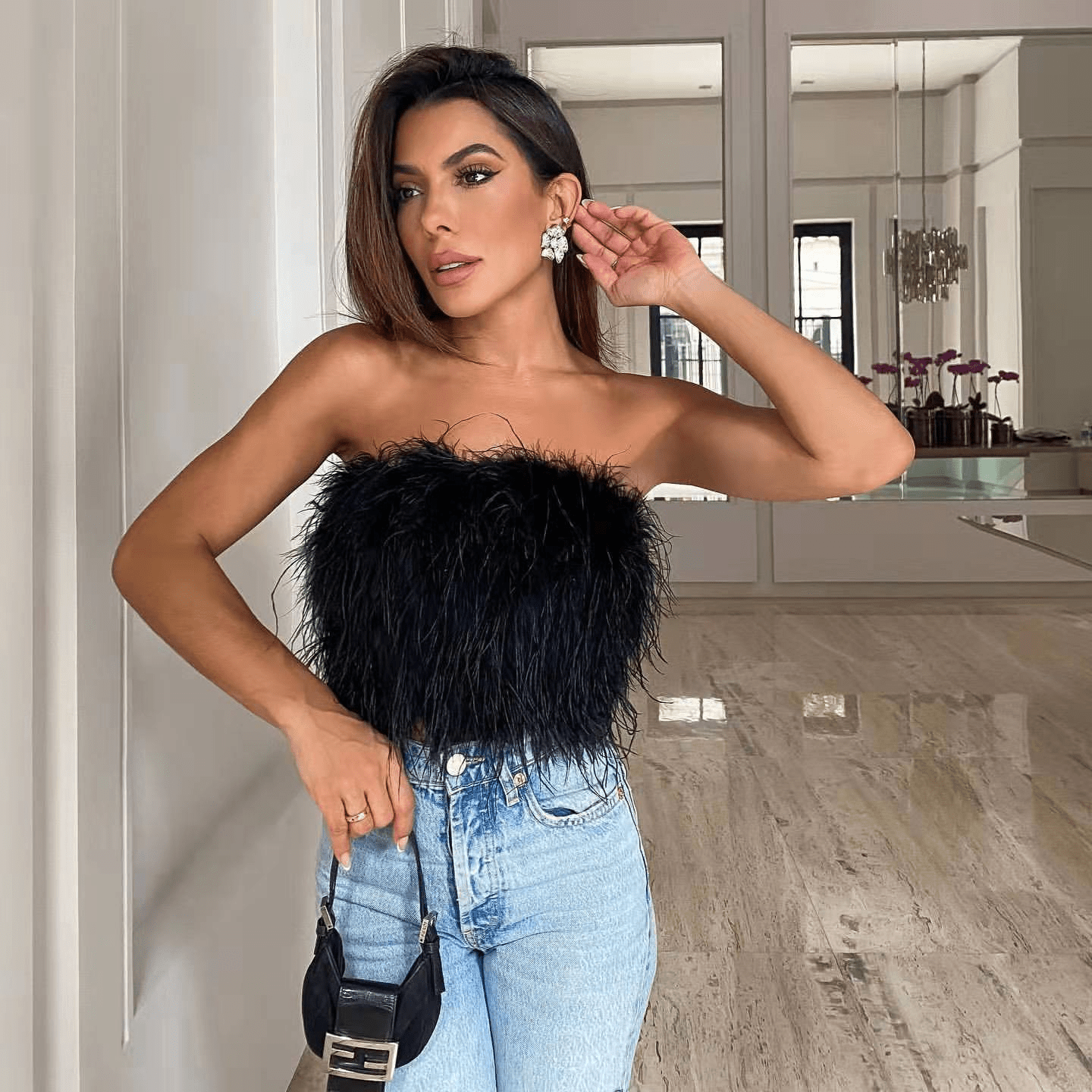 Aurora Feather Strapless Crop Top Castello Clothing Line