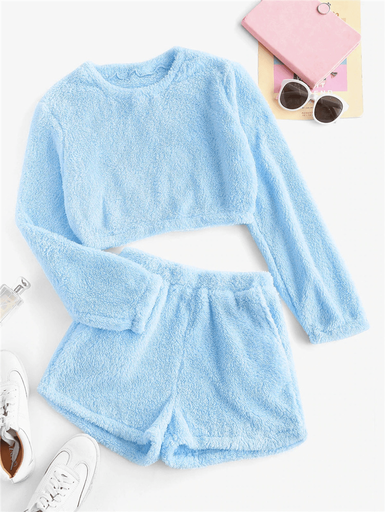 Cuddle Soft Fuzzy Top and Shorts Lounge Set  Castello Clothing Line   